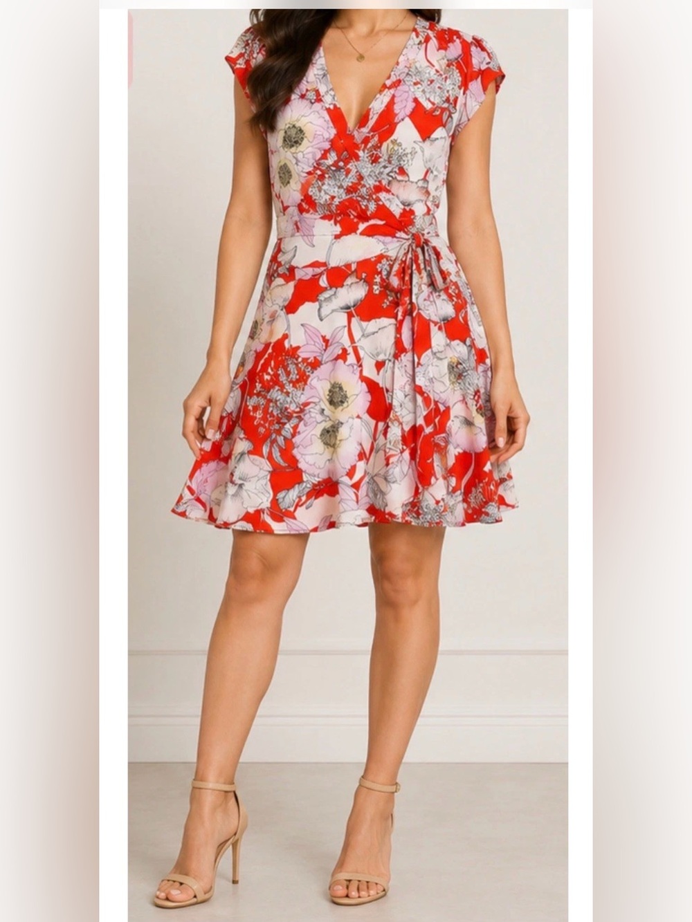 Yumi Kim Soho Mixer Dress XS Bora Bora Red Silk Floral Faux Wrap Mini Dress